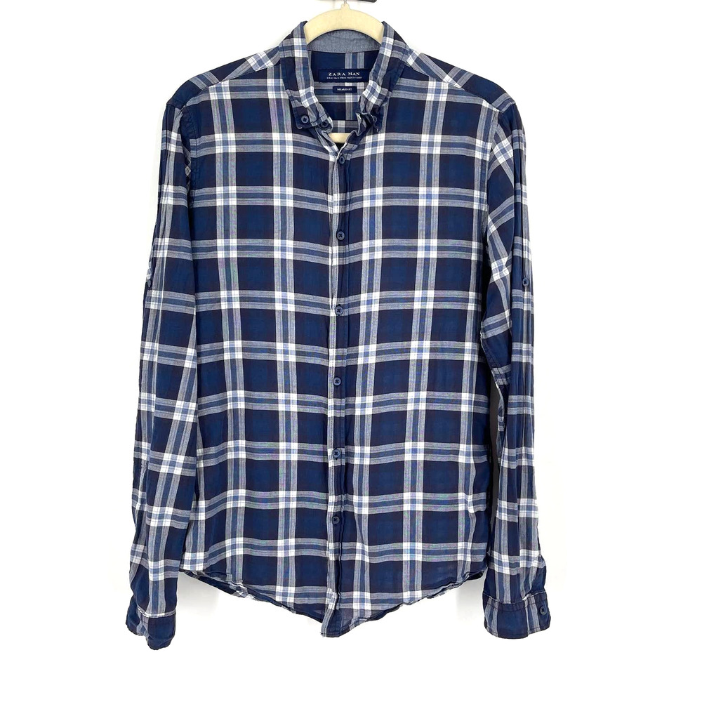 Zara Man Blue Plaid Cotton Casual Button Down‎ Shirt Medium Relaxed Fit